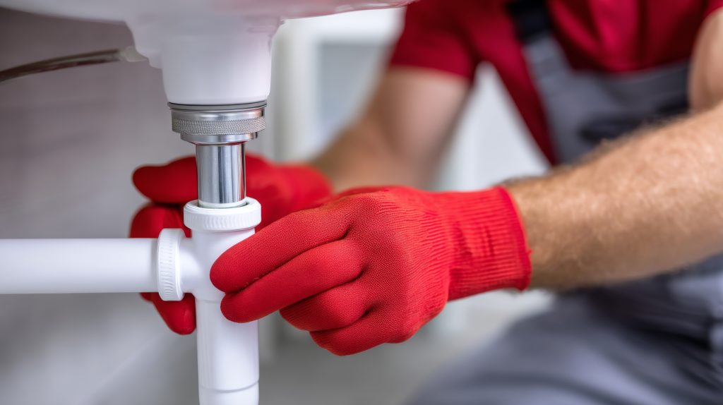 Plumbing professional hooking up pipe under a sink